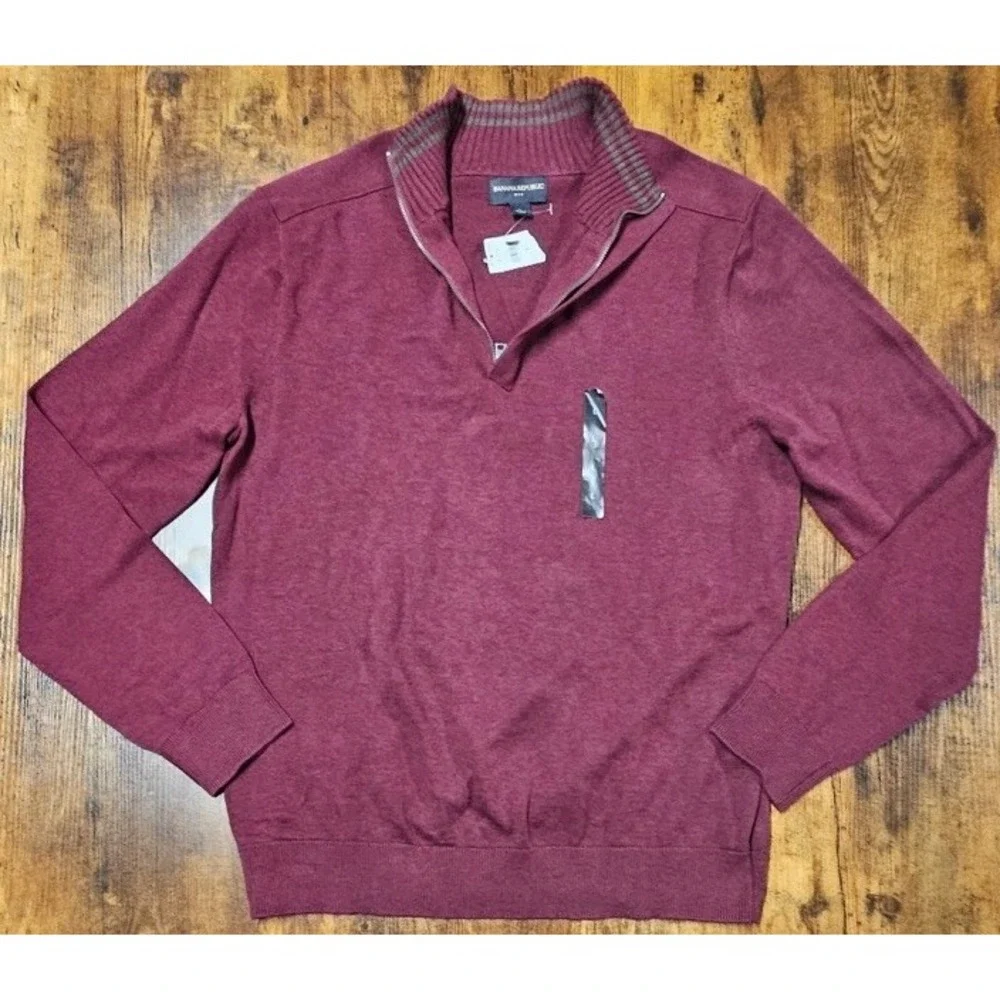 Banana Republic 1/4 Zip Sweater Men's Large Maroon 100% Cotton NWT
